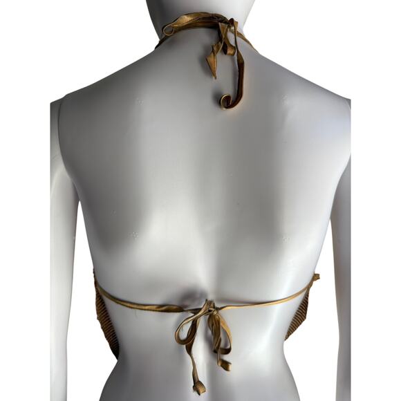 Vintage Y2K Metallic Rhinestone Chainmail Halter Top Gold Mesh One Size - Picture 3 of 6